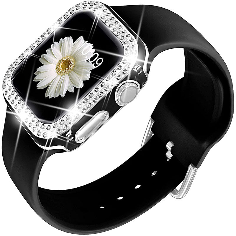 Rhinestone Decor Watch Frame Cover + Silicone Watch Strap Replacement for Apple Watch Series 1 2 3 38mm