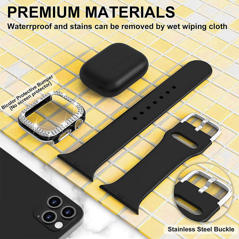 Rhinestone Decor Watch Frame Cover + Silicone Watch Strap Replacement for Apple Watch Series 1 2 3 38mm