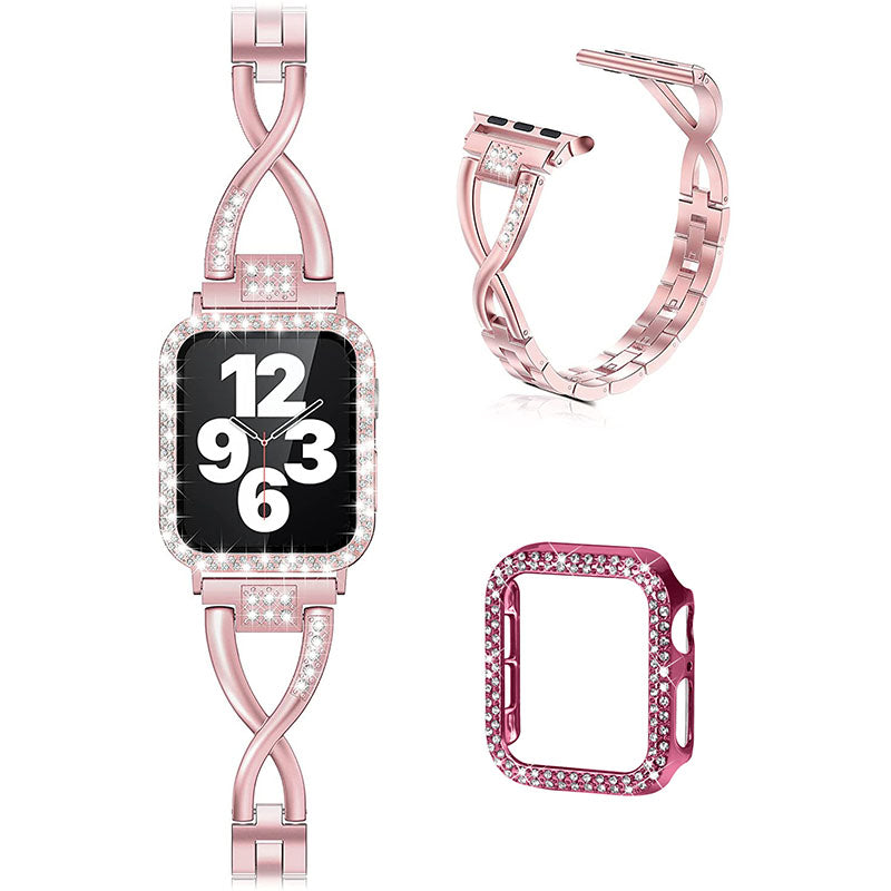 Rhinestone Decor Protective Case + X-shape Metal Watch Strap Scratch-resistant Replacement for Apple Watch Series 3 2 1 42mm
