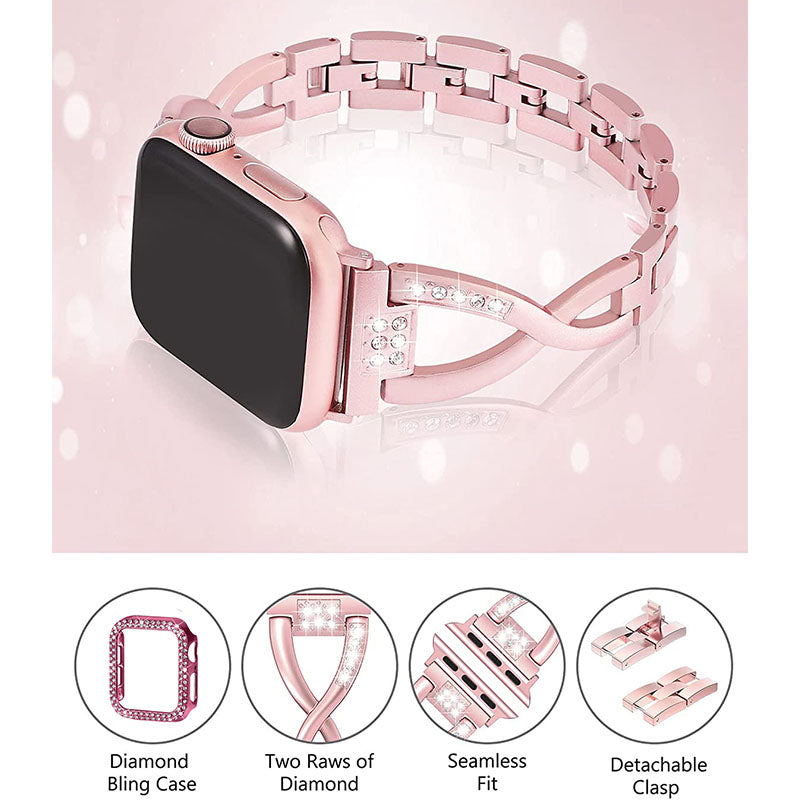 Rhinestone Decor Protective Case + X-shape Metal Watch Strap Scratch-resistant Replacement for Apple Watch Series 3 2 1 42mm