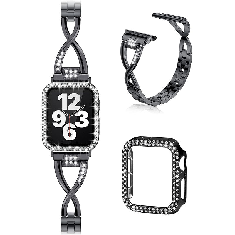 Rhinestone Decor Protective Case + X-shape Metal Watch Strap Scratch-resistant Replacement for Apple Watch Series 3 2 1 42mm