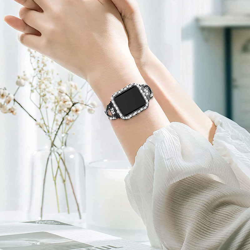 Protective Case Rhinestone Decorated + X-shape Metal Watch Strap Scratch-proof Replacement for Apple Watch Series 6 5 4 SE 44mm SE (2022) 44mm