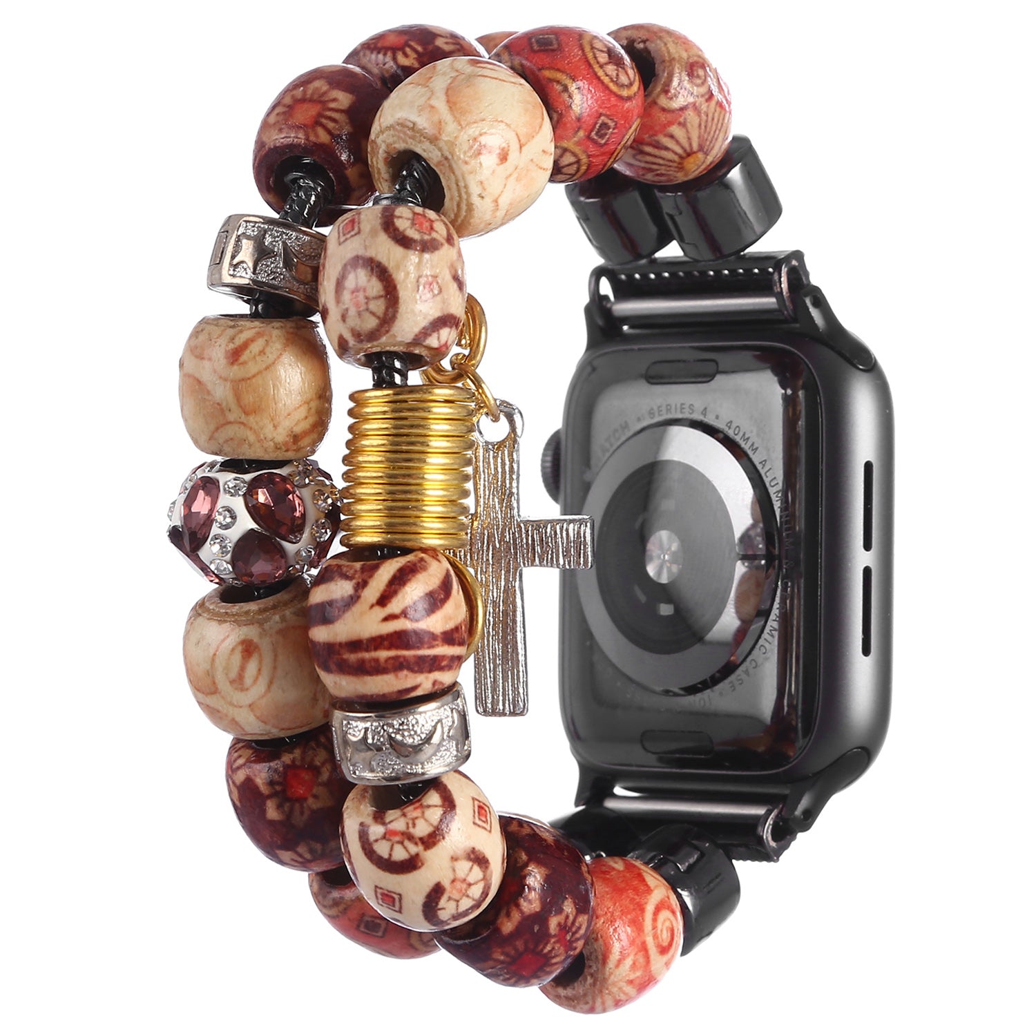 Stylish Style Metal+Wooden Beads Bracelet Smart Watch Band Replacement Watch Strap for Apple Watch Ultra 2 49mm Series 9 45mm SE (2023) 44mm Ultra 49mm Series 8 45mm 7 45mm 6 5 4 SE 44mm SE (2022) 44mm 3 2 1 42mm