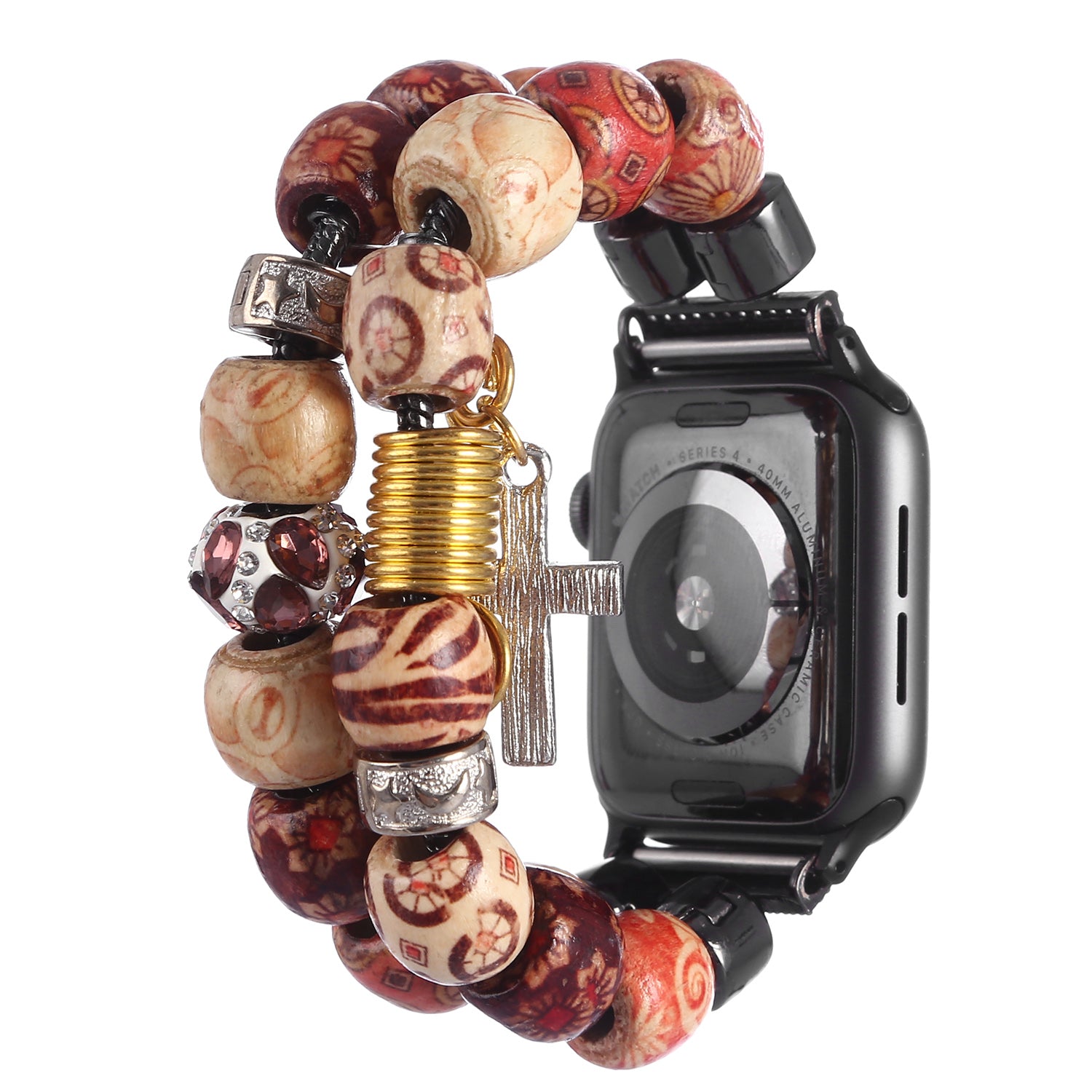 Retro Style Metal Wooden Beads Smart Watch Band Strap Bracelet for Apple Watch Series 9 8 7 41mm 6 5 4 SE (2023) SE(2022) SE 40mm 3 2 1 38mm