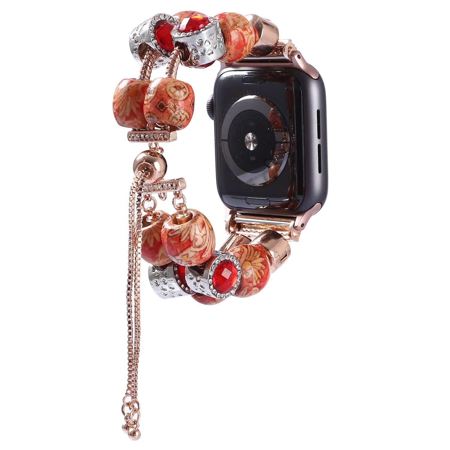 Retro Style Metal Wooden Beads Smart Watch Band Strap Bracelet for Apple Watch Series 9 8 7 41mm 6 5 4 SE (2023) SE(2022) SE 40mm 3 2 1 38mm