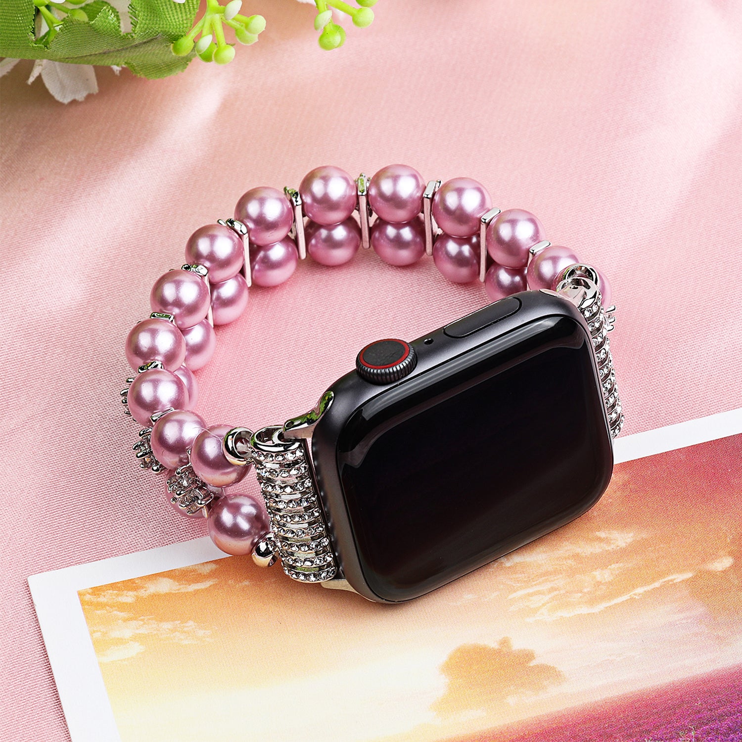 Faux Pearl Rhinestone Decor Wrist Strap Smart Watch Band Bracelet for Apple Watch Series 9 8 7 41mm 6 5 4 SE (2023) SE(2022) SE 40mm 3 2 1 38mm