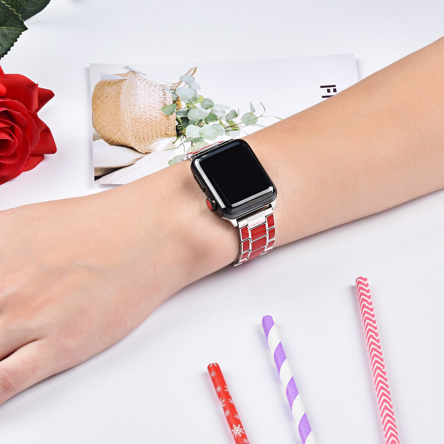 3 Beads Metal Epoxy Watch Strap Wristband Replacement for Apple Watch Ultra 2 49mm Series 9 45mm SE (2023) 44mm Ultra 49mm Series 8 45mm 7 45mm Series 6 5 4 SE 44mm SE (2022) 44mm Series 3 2 1 42mm
