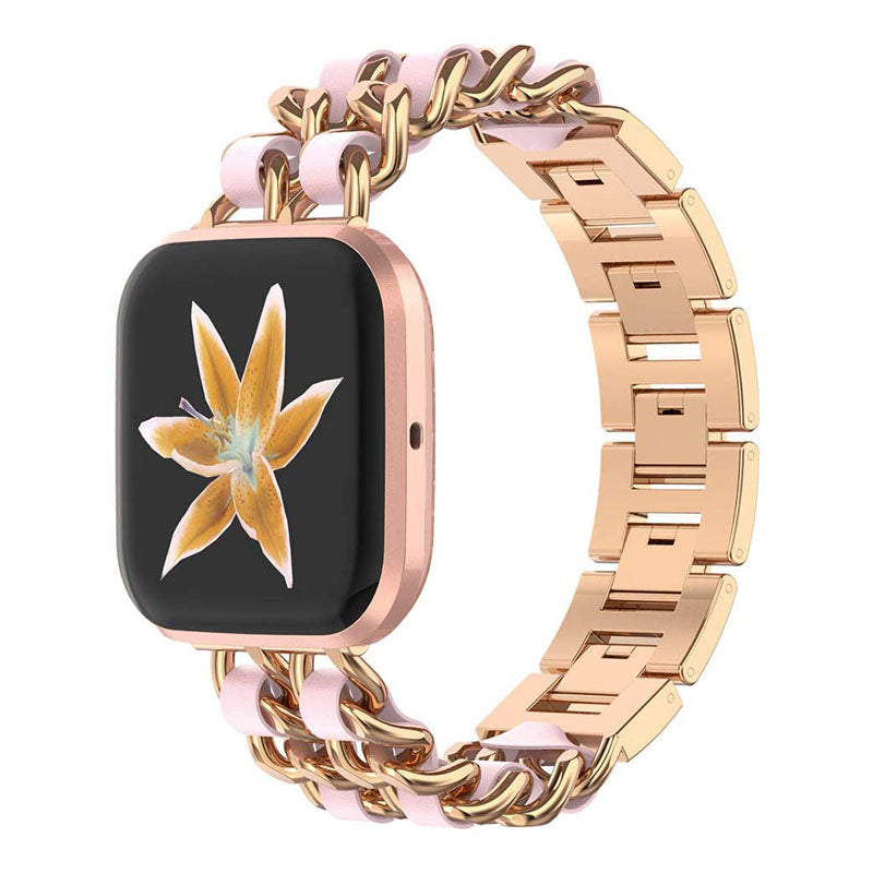 Stainless Steel PU Leather Chain Watch Band Wrist Strap for Fitbit Versa Versa 2 Versa Lite Versa SE