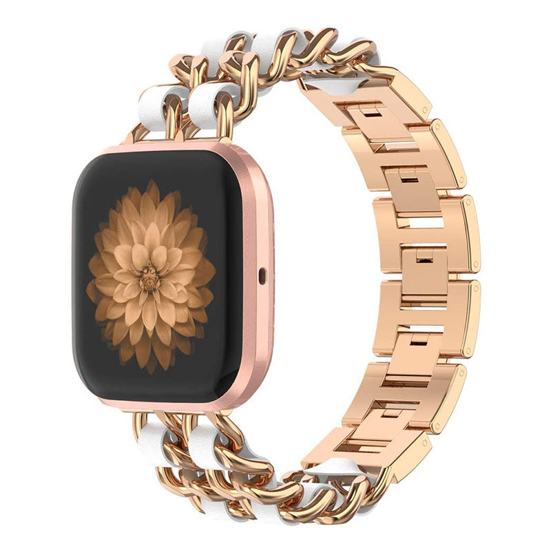 Stainless Steel + PU Leather Chain Watch Band Wrist Strap for Fitbit Versa Versa 2 Versa Lite Versa SE
