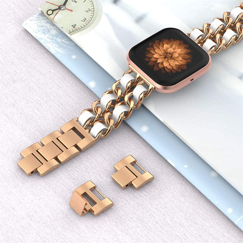 Stainless Steel + PU Leather Chain Watch Band Wrist Strap for Fitbit Versa Versa 2 Versa Lite Versa SE