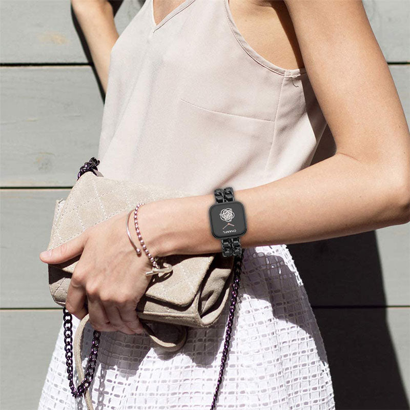 Stainless Steel + PU Leather Chain Watch Band Wrist Strap for Fitbit Versa Versa 2 Versa Lite Versa SE