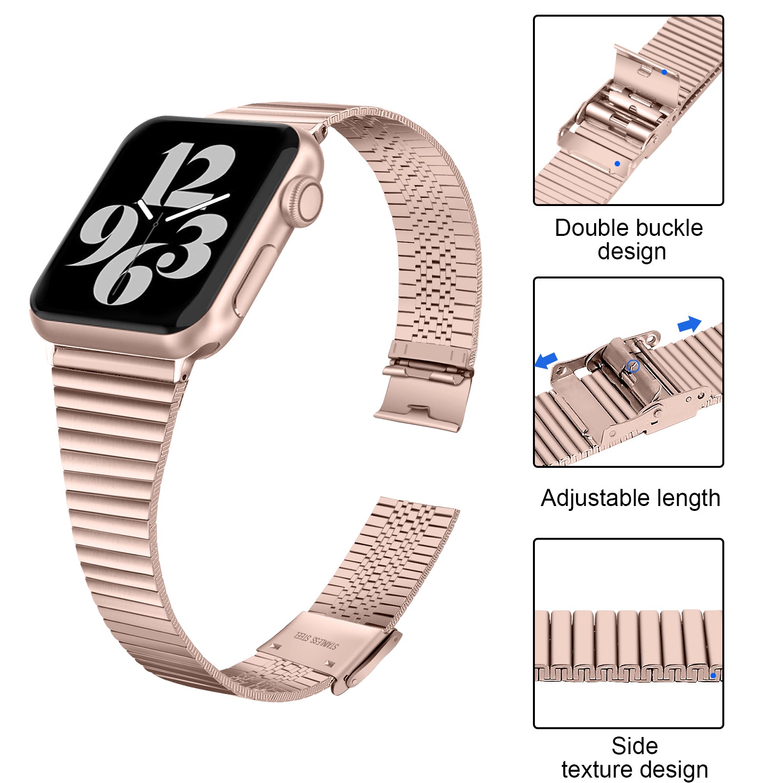 Double Buckle Design Adjustable Metal Watch Band Wrist Strap for Apple Watch Ultra 2 49mm Series 9 45mm SE (2023) 44mm Ultra 49mm Series 8 45mm 7 45mm 6 5 4 SE 44mm SE (2022) 44mm 3 2 1 42mm