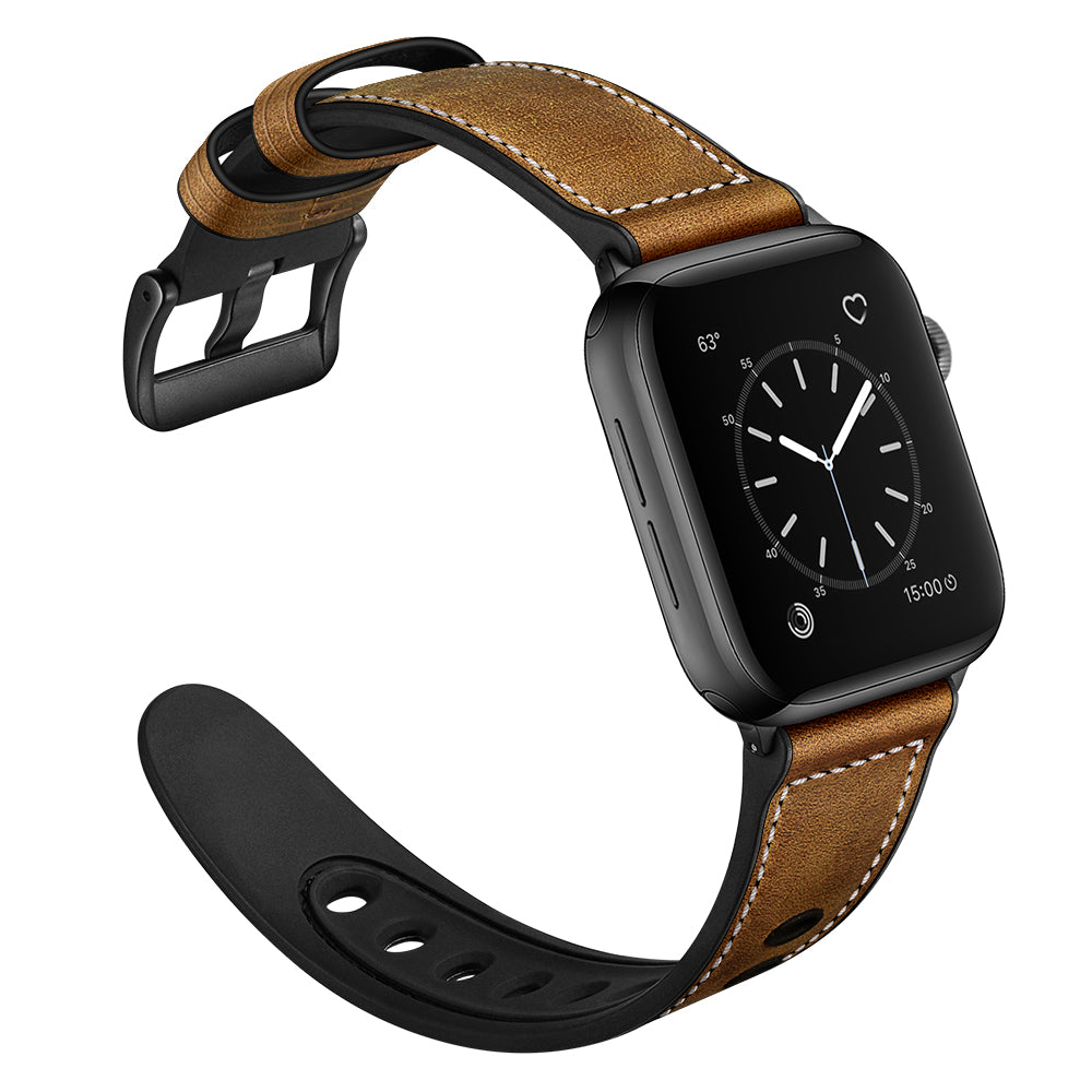 Fingerprint Silicone + Genuine Leather Watch Band for Apple Watch Series 9 8 7 41mm 6 5 4 SE (2023) SE(2022) SE 40mm 3 2 1 38mm