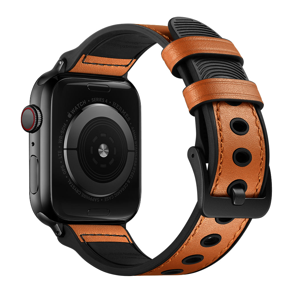 Fingerprint Silicone + Genuine Leather Watch Band for Apple Watch Series 9 8 7 41mm 6 5 4 SE (2023) SE(2022) SE 40mm 3 2 1 38mm
