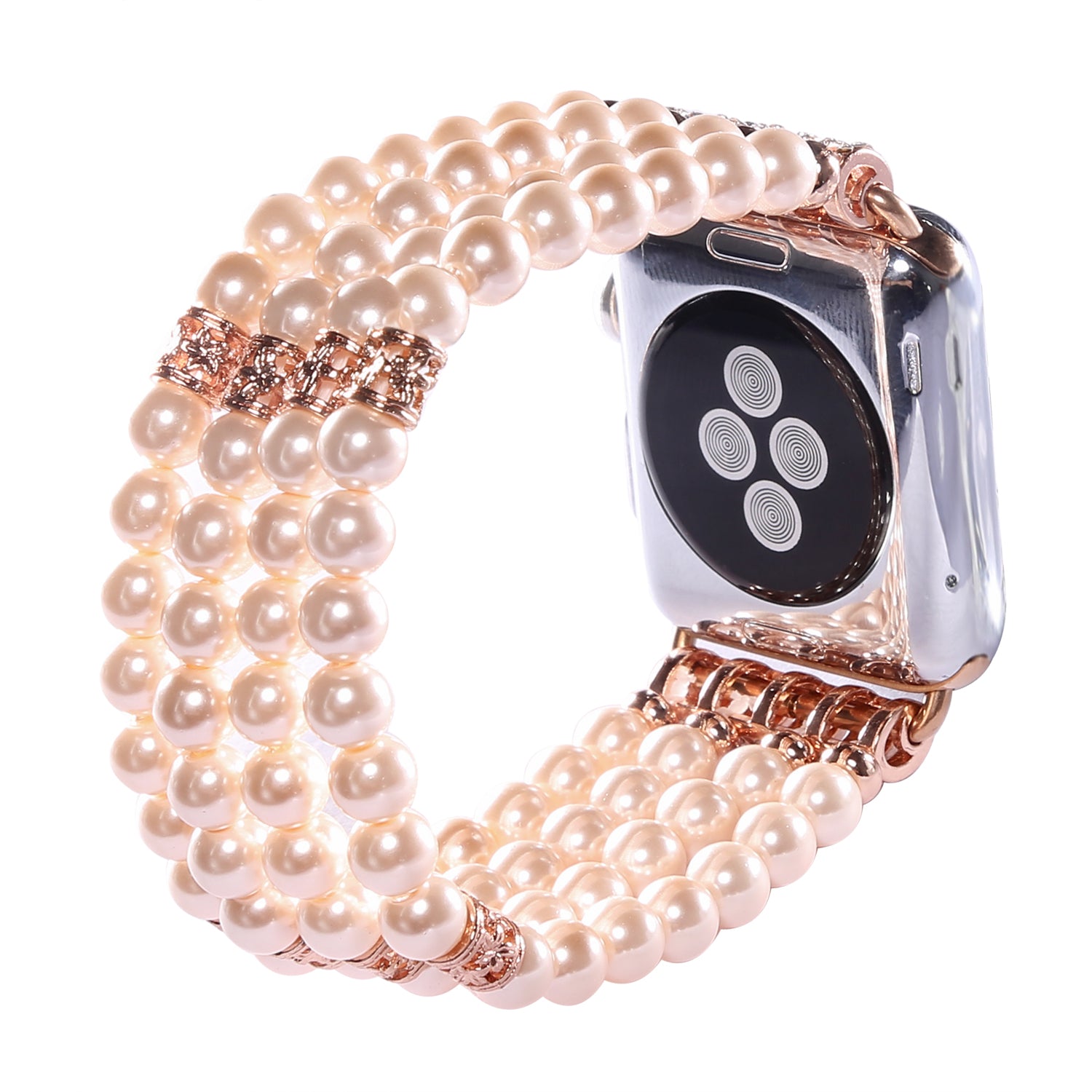 Four Rows Faux Pearls Watch Strap Replacement Wrist Band for Apple Watch Ultra 2 49mm Series 9 45mm SE (2023) 44mm Ultra 49mm Series 8 45mm 7 45mm SE 44mm SE (2022) 44mm Series 6 5 4 44mm Series 3 2 1 42mm