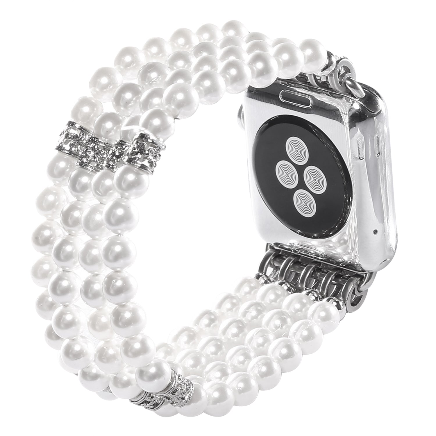 Four Rows Faux Pearls Watch Strap Replacement Wrist Band for Apple Watch Ultra 2 49mm Series 9 45mm SE (2023) 44mm Ultra 49mm Series 8 45mm 7 45mm SE 44mm SE (2022) 44mm Series 6 5 4 44mm Series 3 2 1 42mm