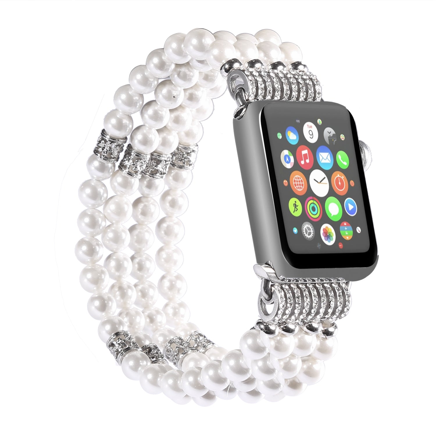 Four Rows Faux Pearls Watch Strap Replacement Wrist Band for Apple Watch Ultra 2 49mm Series 9 45mm SE (2023) 44mm Ultra 49mm Series 8 45mm 7 45mm SE 44mm SE (2022) 44mm Series 6 5 4 44mm Series 3 2 1 42mm