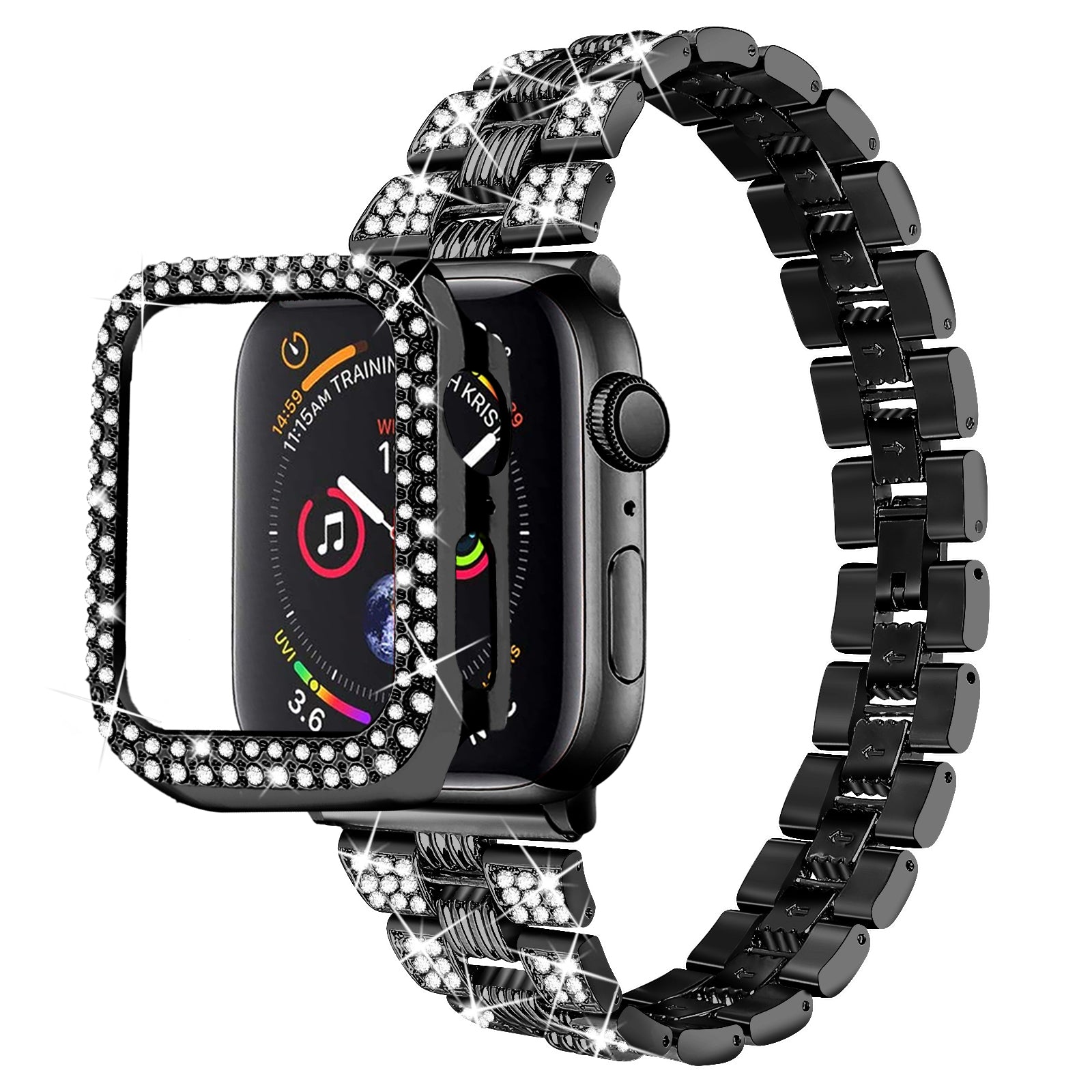For Apple Watch Series 7 45mm 2-in-1 Design Stainless Steel Rhinestone Thread Watch Strap Anti-drop Hard PC Watch Case