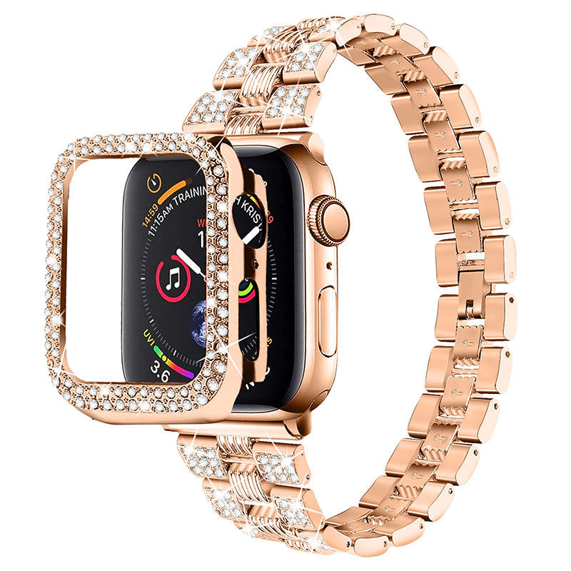 For Apple Watch Series 3 2 1 42mm Rhinestone Decor Stainless Steel Watchband Strap + PC Protective Watch Case