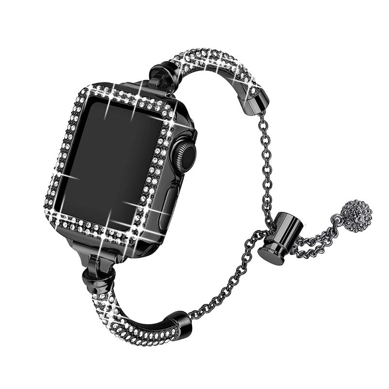 For Apple Watch SE 44mm SE (2022) 44mm Series 4 5 6 44mm Bracelet Metal Rhinestone Decor Durable Smart Watch Band + Hollow Out PC Watch Case
