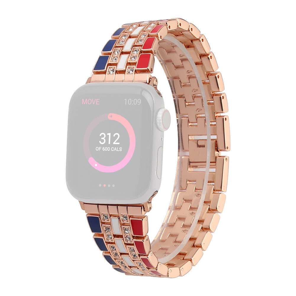 For Apple Watch Series 9 8 7 41mm 6 5 4 SE (2023) SE(2022) SE 40mm 3 2 1 38mm Rhinestone Decor Flag Style Wrist Strap Smart Watch Band