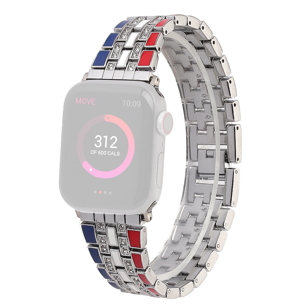 For Apple Watch Series 9 8 7 41mm 6 5 4 SE (2023) SE(2022) SE 40mm 3 2 1 38mm Rhinestone Decor Flag Style Wrist Strap Smart Watch Band