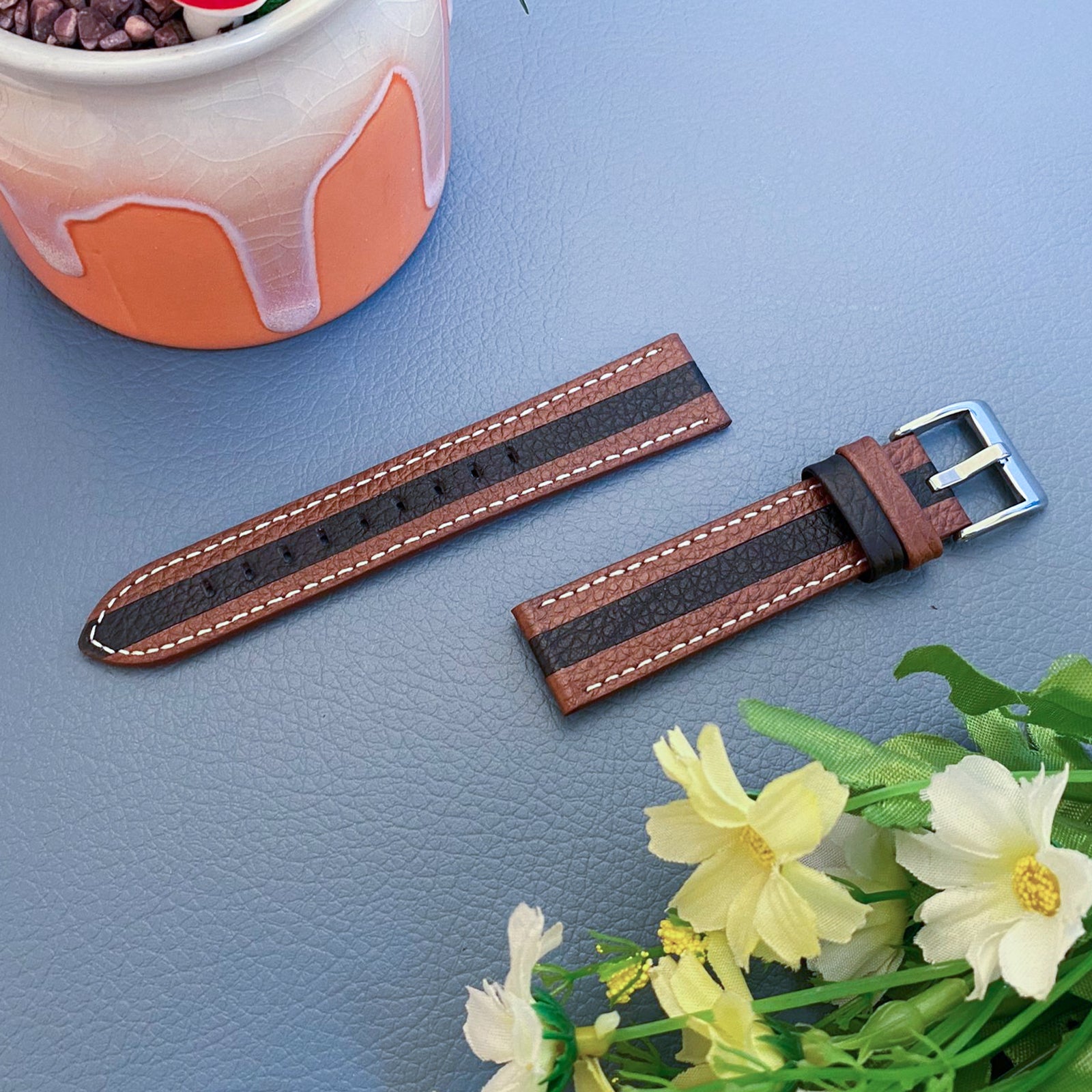 For Samsung Galaxy Watch4 40mm 44mm Galaxy Watch 42mm Color Splicing Watchband Genuine Leather Watch Strap 20mm