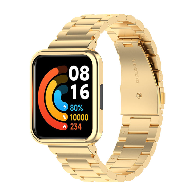 For Xiaomi Redmi Watch 2 Lite Replacement Stainless Steel Three Beads Wrist Strap with Watch Case Protector