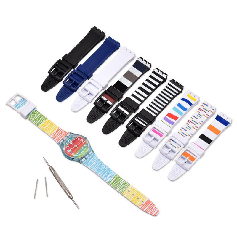 For Swatch 19mm Replacement Wrist Band Stripe Printed Silicone Adjustable Smart Watch Strap
