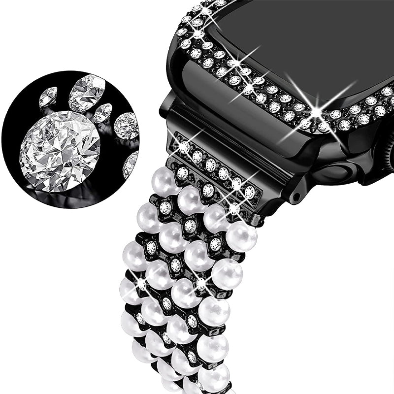 For Apple Watch SE SE(2022) Series 6 5 4 40mm Replacement Wrist Strap Pearl Rhinestone Decor Metal Bracelet Band PC Anti-scratch Watch Case