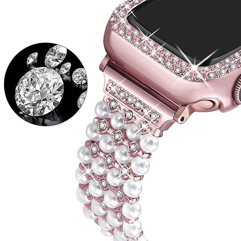 For Apple Watch Series 7 41mm Metal Pearl Rhinestone Decor Bracelet Smart Watch Band + Hollow Out PC Watch Cover Case