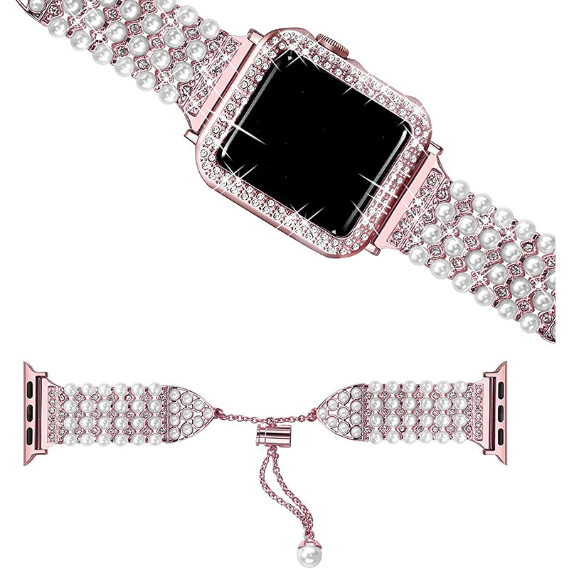 For Apple Watch Series 7 41mm Metal Pearl Rhinestone Decor Bracelet Smart Watch Band + Hollow Out PC Watch Cover Case