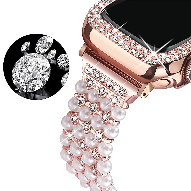 For Apple Watch Series 7 41mm Metal Pearl Rhinestone Decor Bracelet Smart Watch Band + Hollow Out PC Watch Cover Case