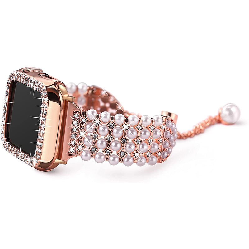For Apple Watch Series 7 41mm Metal Pearl Rhinestone Decor Bracelet Smart Watch Band + Hollow Out PC Watch Cover Case