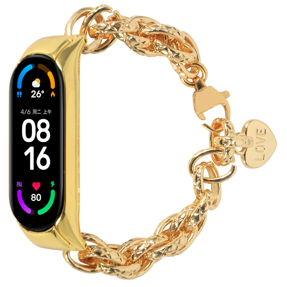 For Xiaomi Mi Band 5 Mi Band 6 Stainless Steel Heart-shaped Pendant Wrist Bracelet Watch Band Replacement Strap