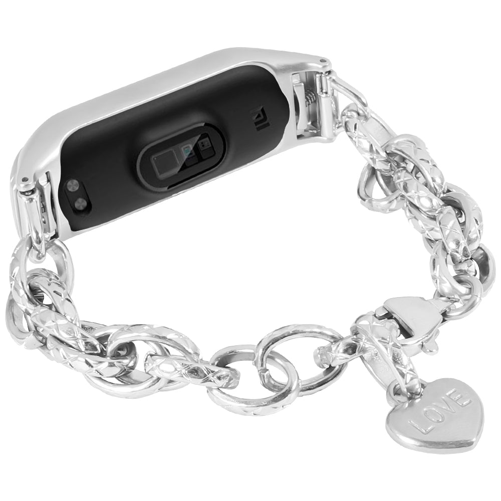 For Xiaomi Mi Band 5 Mi Band 6 Stainless Steel Heart-shaped Pendant Wrist Bracelet Watch Band Replacement Strap