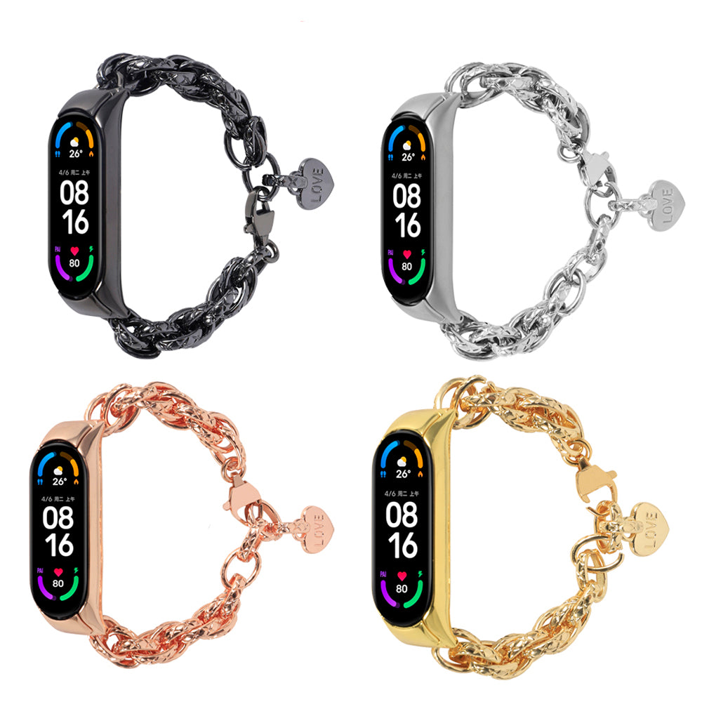 For Xiaomi Mi Band 5 Mi Band 6 Stainless Steel Heart-shaped Pendant Wrist Bracelet Watch Band Replacement Strap