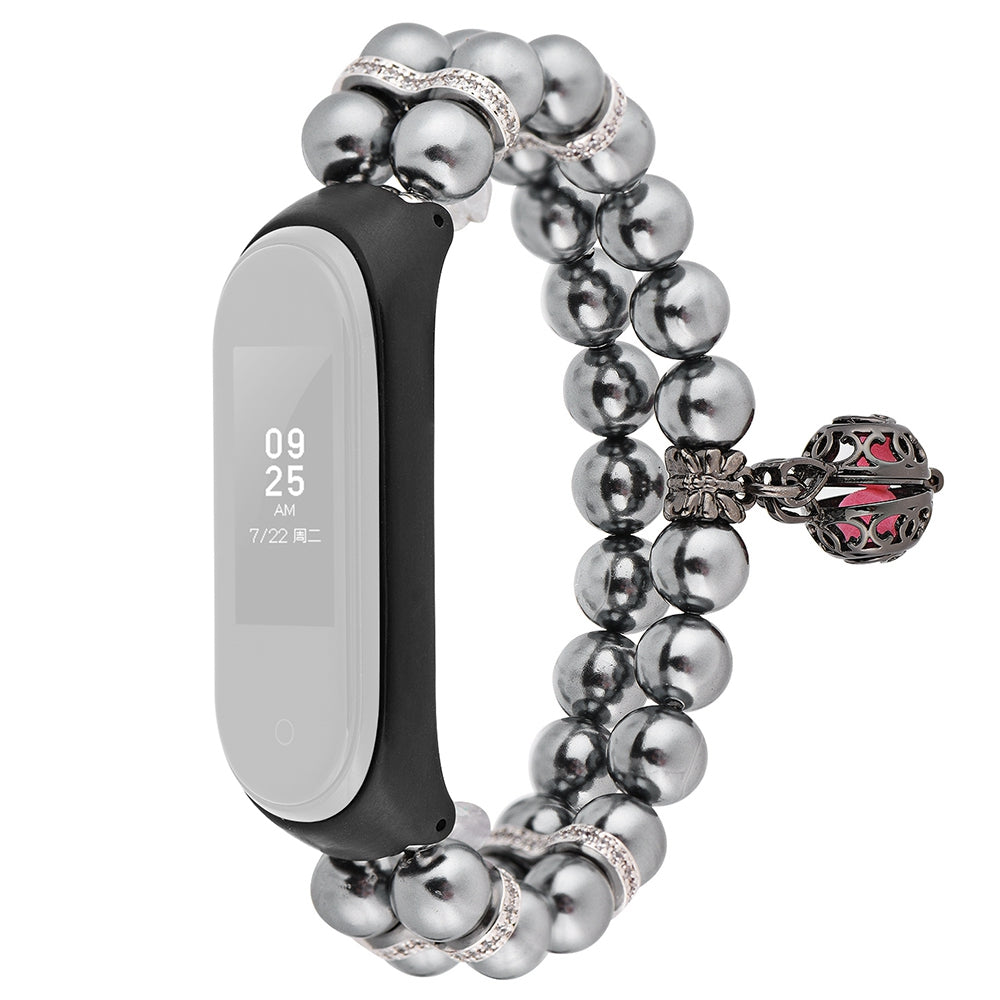 For Xiaomi Mi Band 5 6 Double Rows Faux Pearl Bracelet Wrist Strap Smart Watch Band with Metal Ball Decor