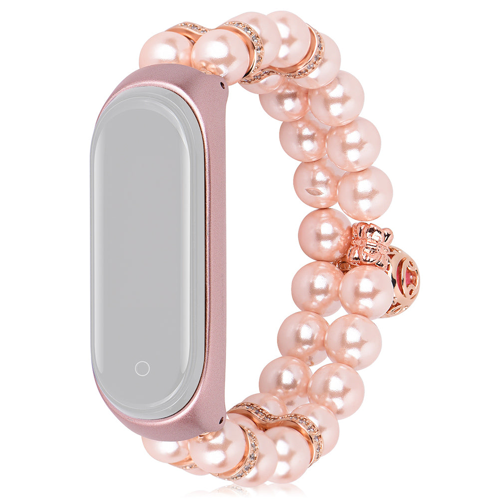 For Xiaomi Mi Band 5 6 Double Rows Faux Pearl Bracelet Wrist Strap Smart Watch Band with Metal Ball Decor