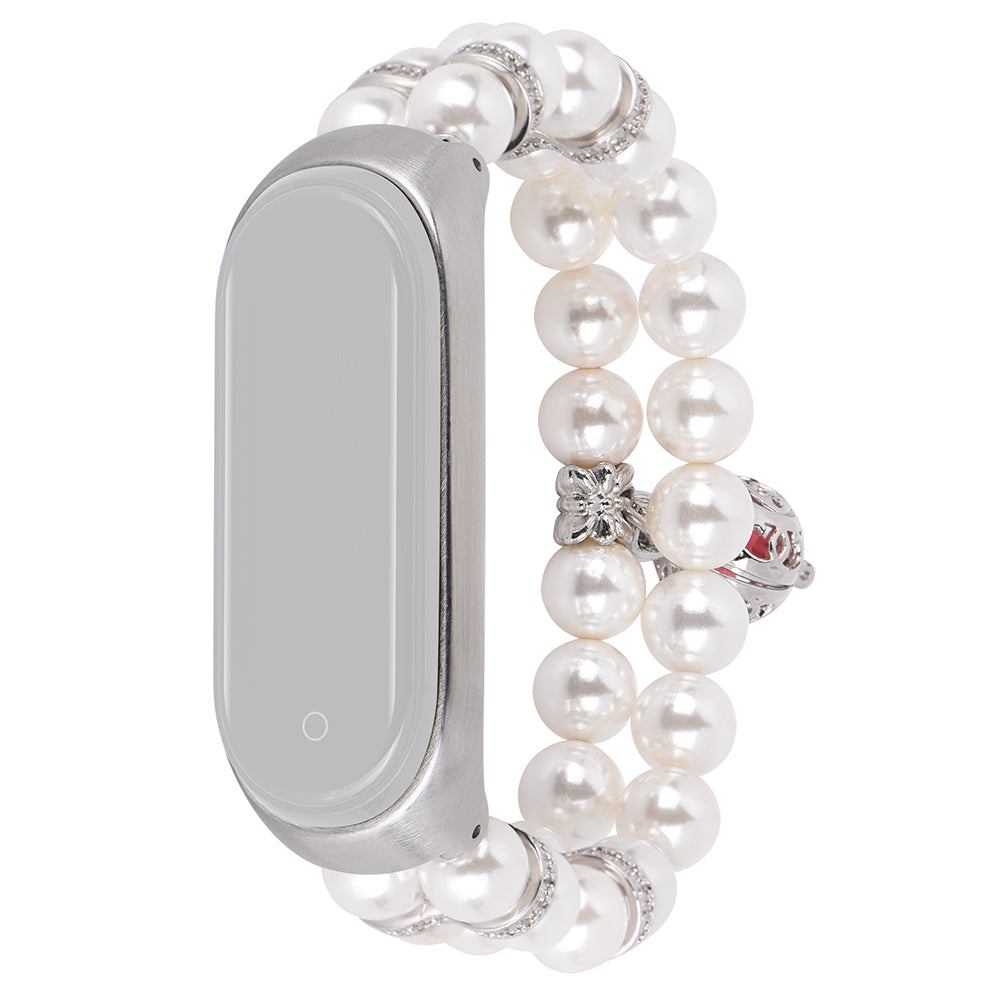 For Xiaomi Mi Band 5 6 Double Rows Faux Pearl Bracelet Wrist Strap Smart Watch Band with Metal Ball Decor