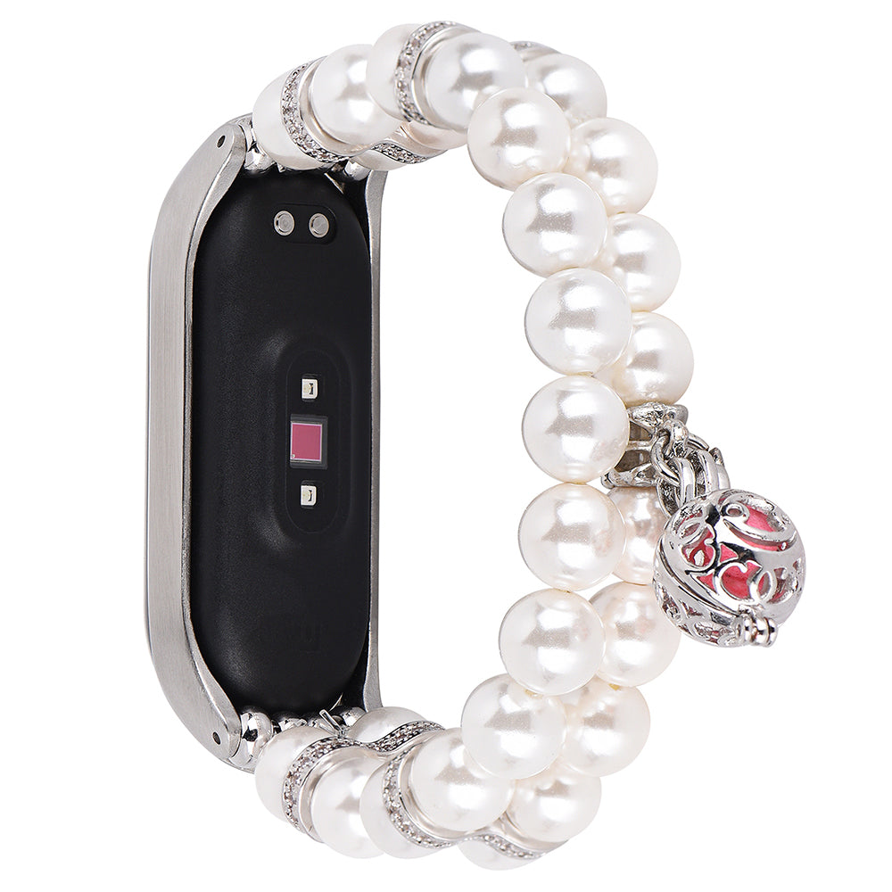 For Xiaomi Mi Band 5 6 Double Rows Faux Pearl Bracelet Wrist Strap Smart Watch Band with Metal Ball Decor