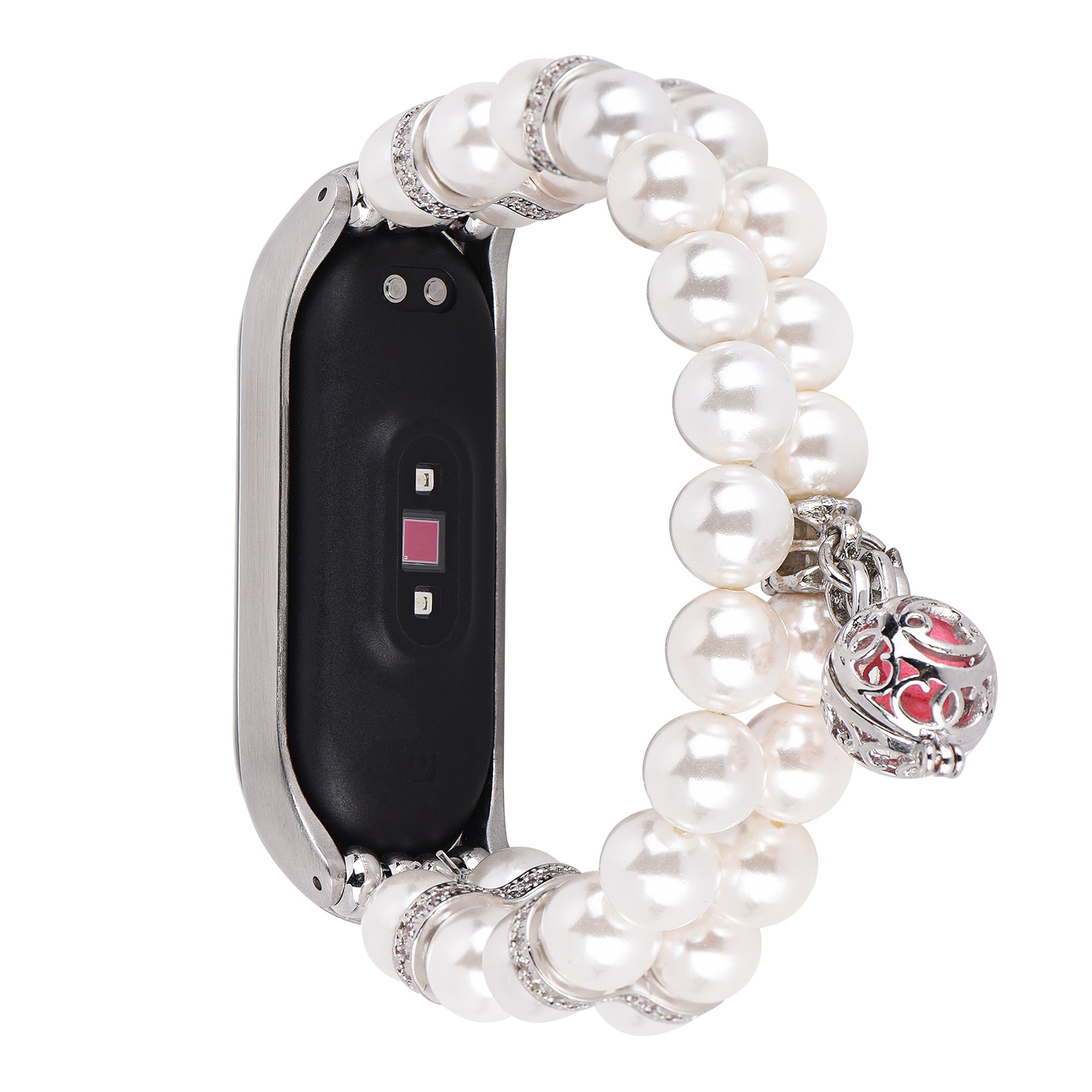 For Xiaomi Mi Band 4 Mi Band 3 Two Rows Faux Pearl Metal Ball Decor Bracelet Wrist Strap Smart Watch Band