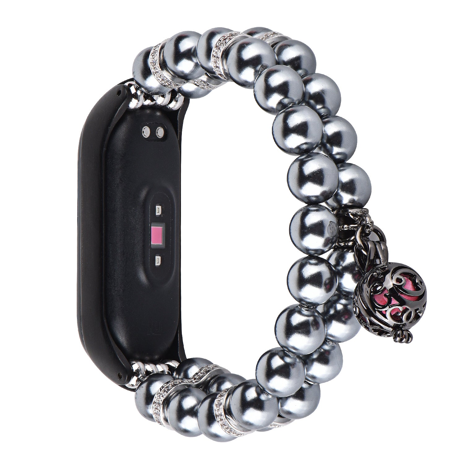 For Xiaomi Mi Band 4 Mi Band 3 Two Rows Faux Pearl Metal Ball Decor Bracelet Wrist Strap Smart Watch Band
