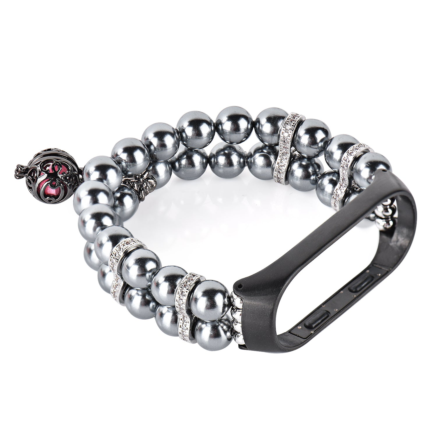 For Xiaomi Mi Band 4 Mi Band 3 Two Rows Faux Pearl Metal Ball Decor Bracelet Wrist Strap Smart Watch Band