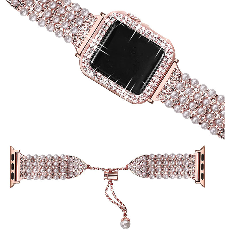 For Apple Watch Series 1 2 3 38mm Spare Watch Band Replacement Artificial Pearl Rhinestone Bracelet + Protective PC Watch Case