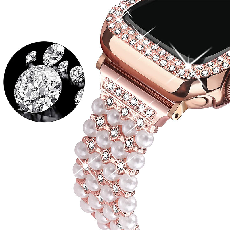 For Apple Watch Series 1 2 3 38mm Spare Watch Band Replacement Artificial Pearl Rhinestone Bracelet + Protective PC Watch Case