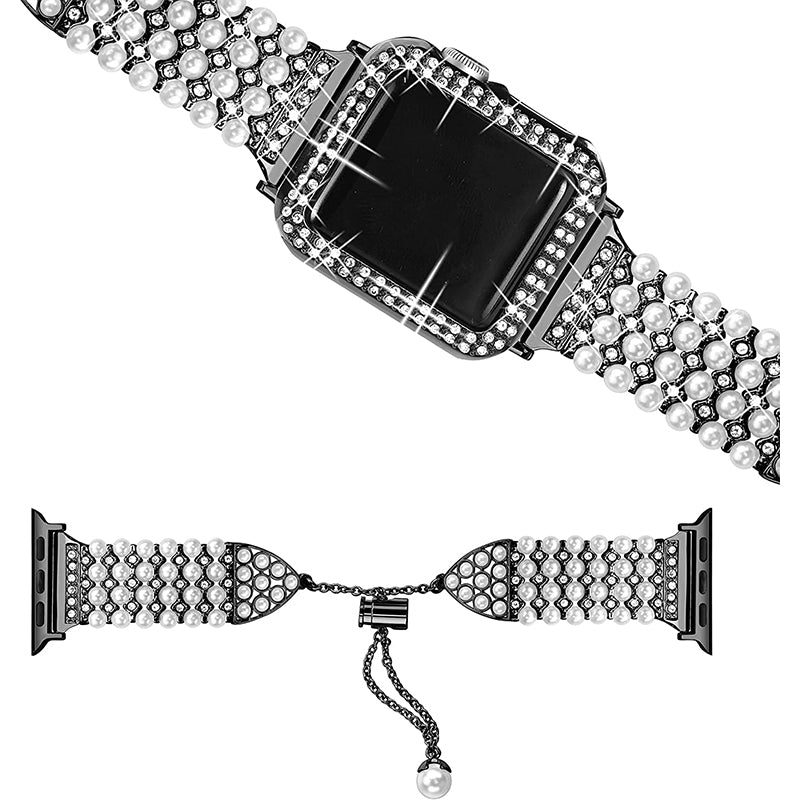 For Apple Watch Series 1 2 3 38mm Spare Watch Band Replacement Artificial Pearl Rhinestone Bracelet + Protective PC Watch Case