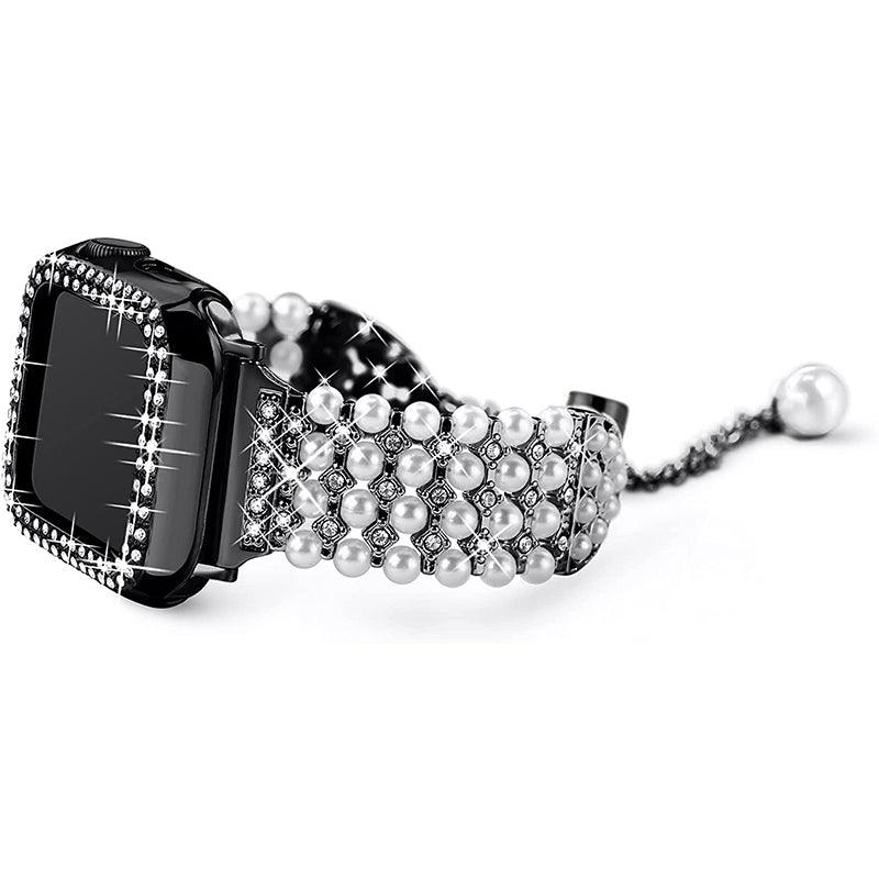 For Apple Watch Series 1 2 3 38mm Spare Watch Band Replacement Artificial Pearl Rhinestone Bracelet + Protective PC Watch Case