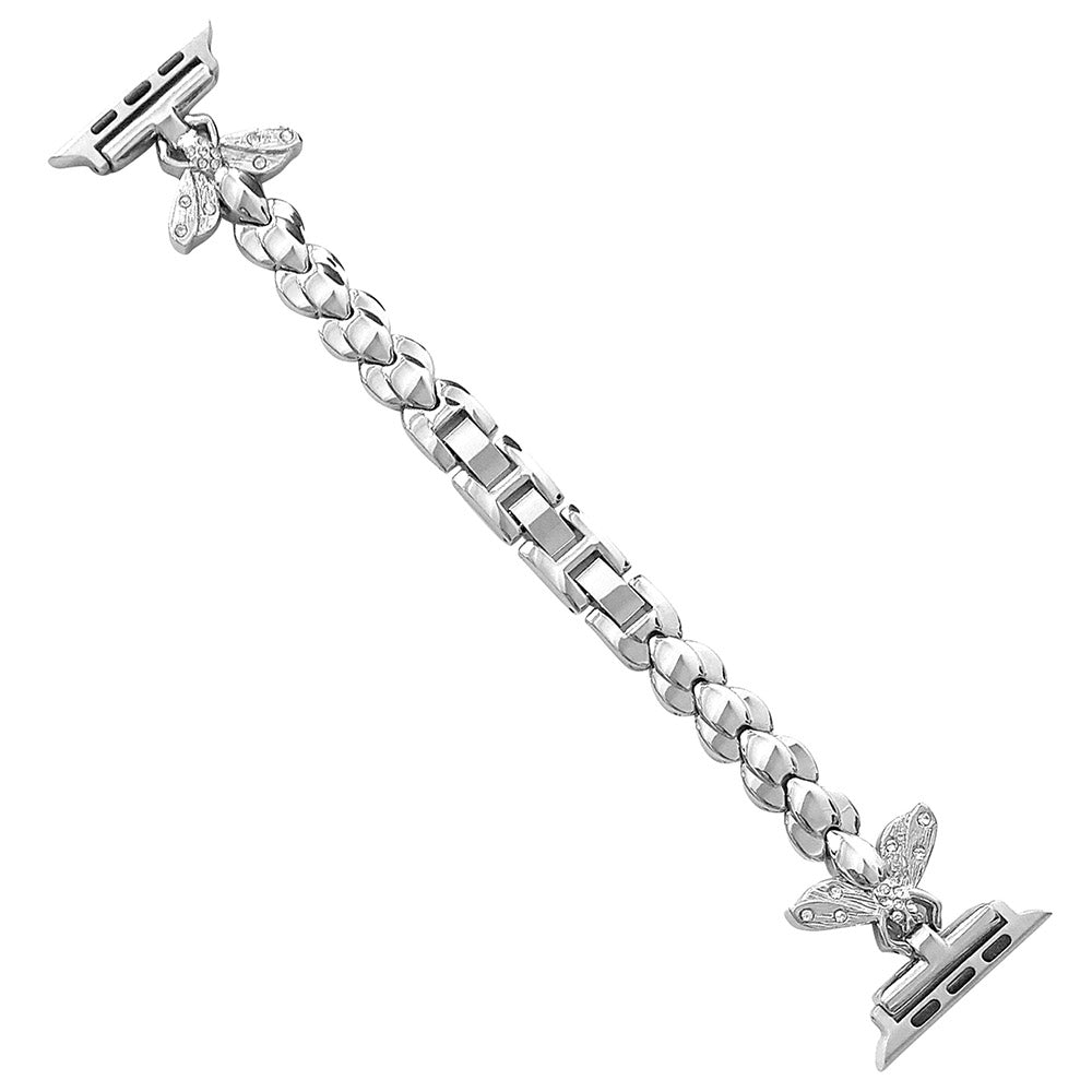 For Apple Watch Series 9 8 7 41mm 6 5 SE SE(2022) SE (2023) 4 40mm 3 2 1 38mm Cute Bee-shape Rhinestone Decor Stainless Steel Watch Band Wrist Strap