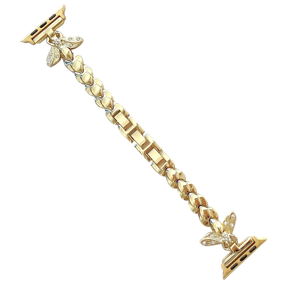 For Apple Watch Series 9 8 7 41mm 6 5 SE SE(2022) SE (2023) 4 40mm 3 2 1 38mm Cute Bee-shape Rhinestone Decor Stainless Steel Watch Band Wrist Strap